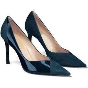 Women's Navy Pointed Toe High Heels Pumps Patent Suede Stiletto Heel Slip on